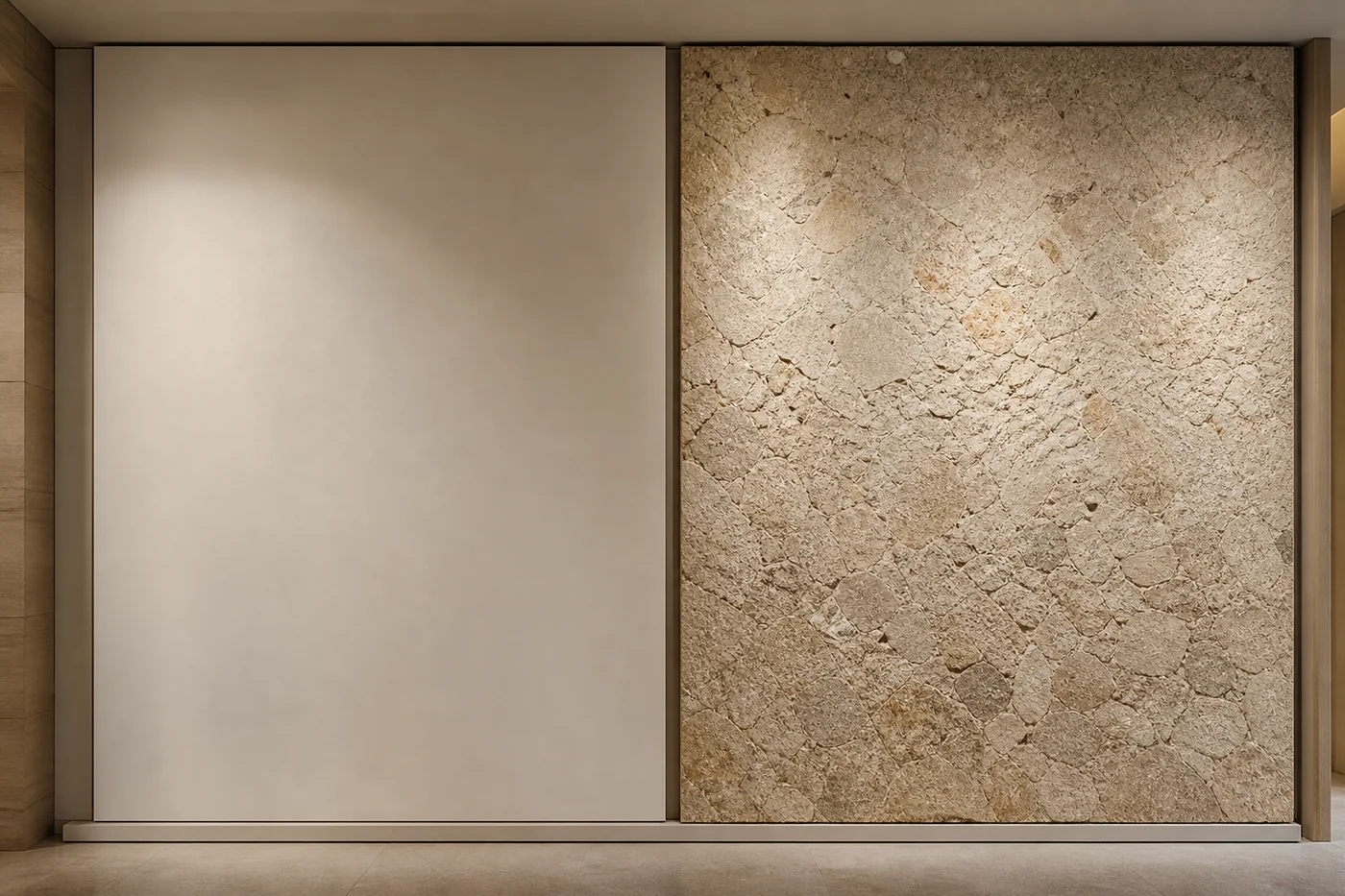 Visual comparison of a flat painted surface and a natural stone texture finish