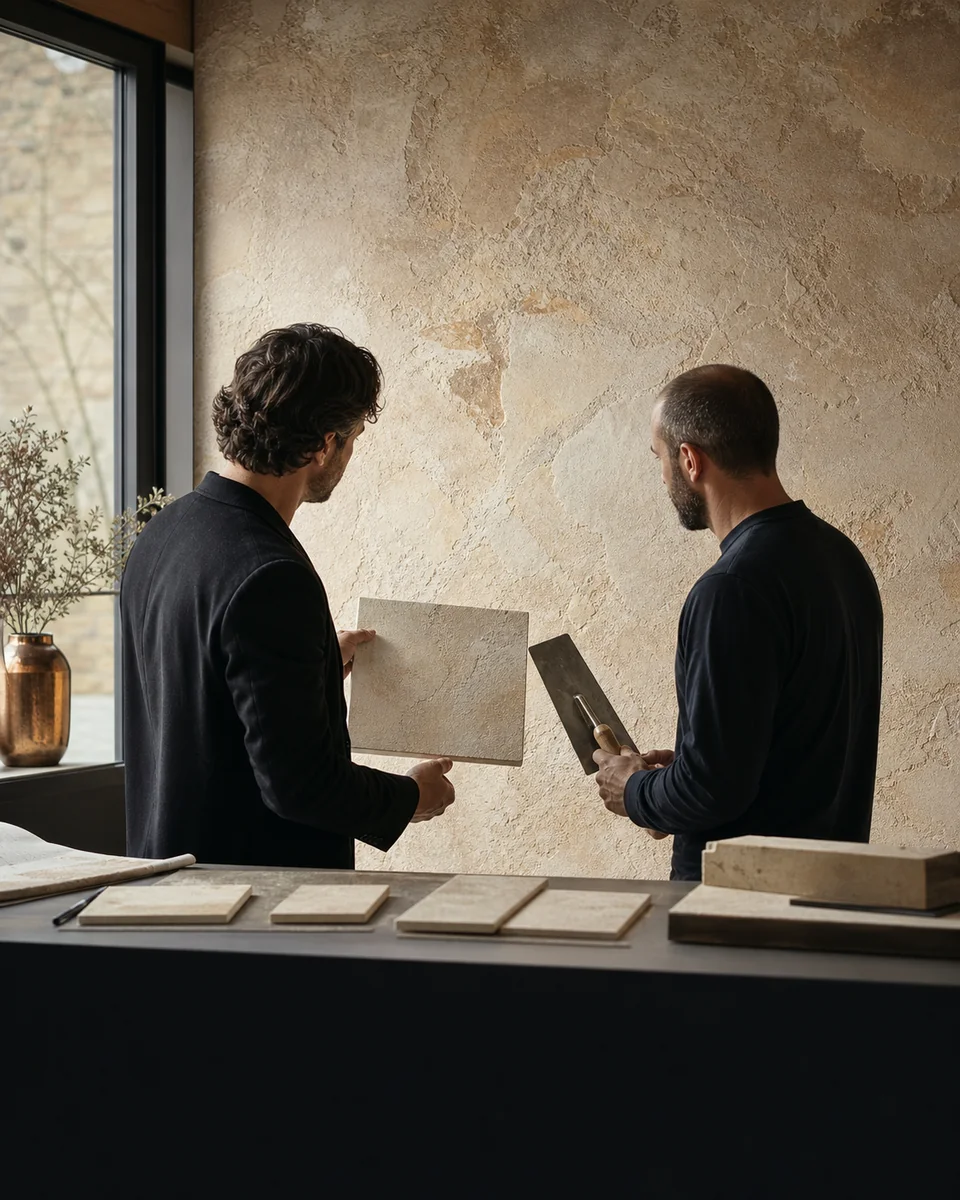 Designers reviewing a tactile natural stone wall finish and material sample
