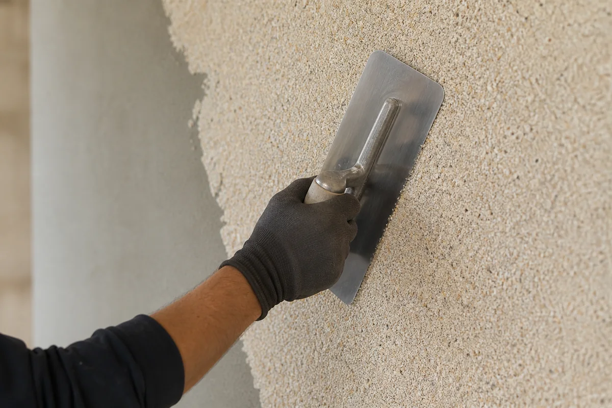 Natural stone texture material being applied to a prepared wall