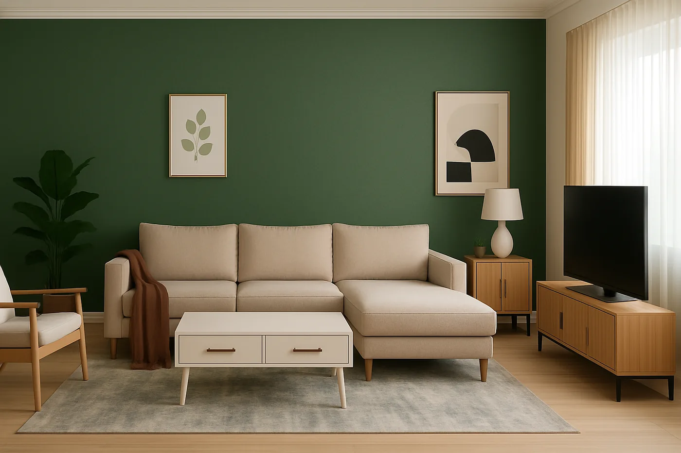 Contemporary living room with a deep green architectural wall finish