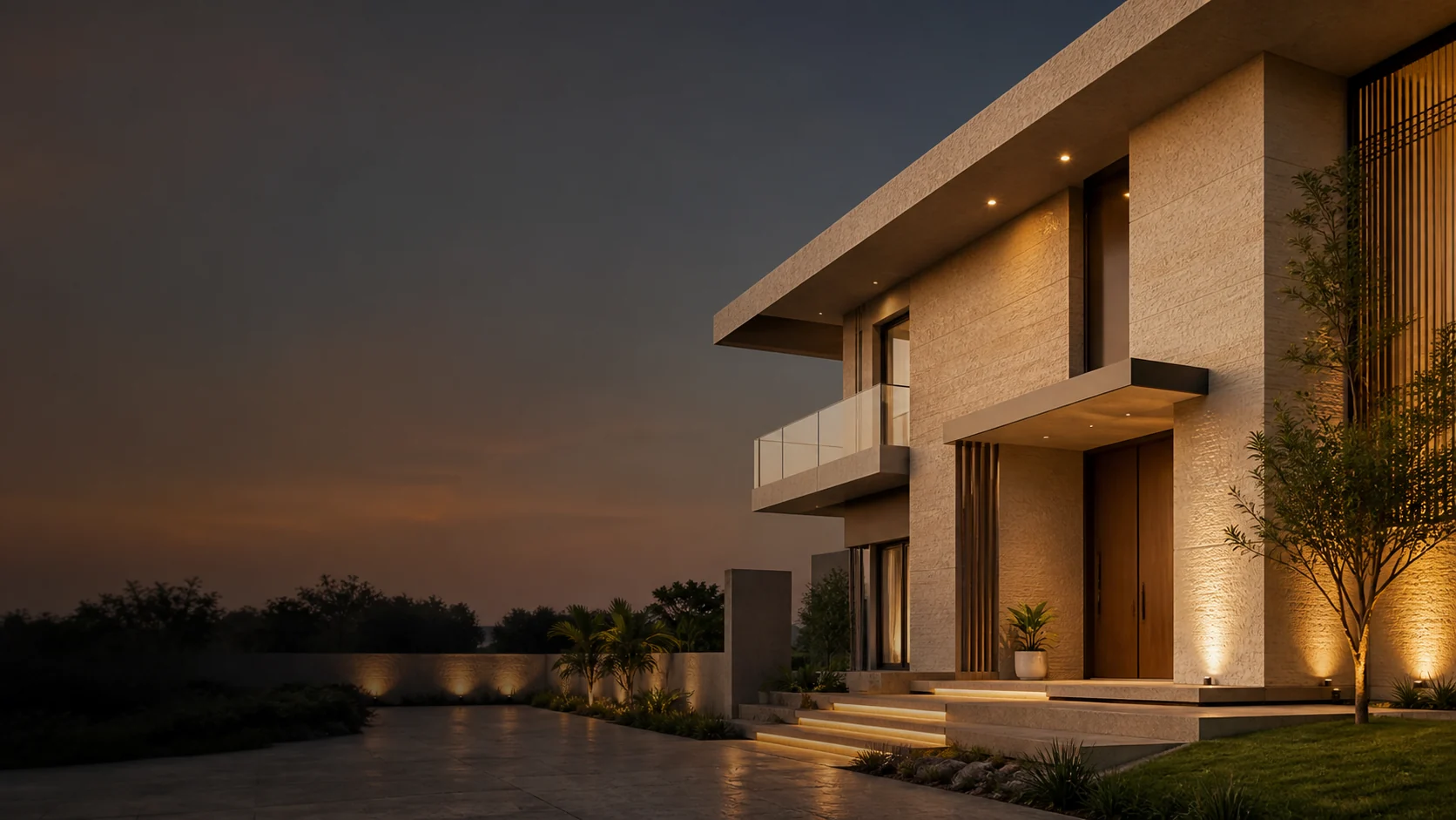 Residential exterior with warm lighting across natural stone texture surfaces